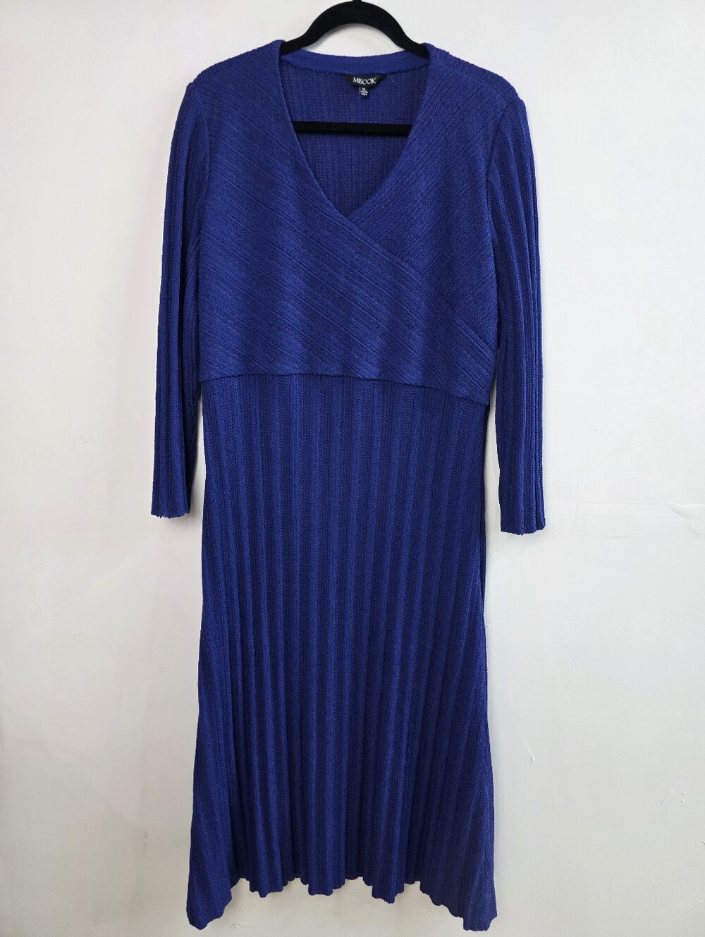 Misook Royal Blue Knit Ribbed Faux Wrap Midi Dress